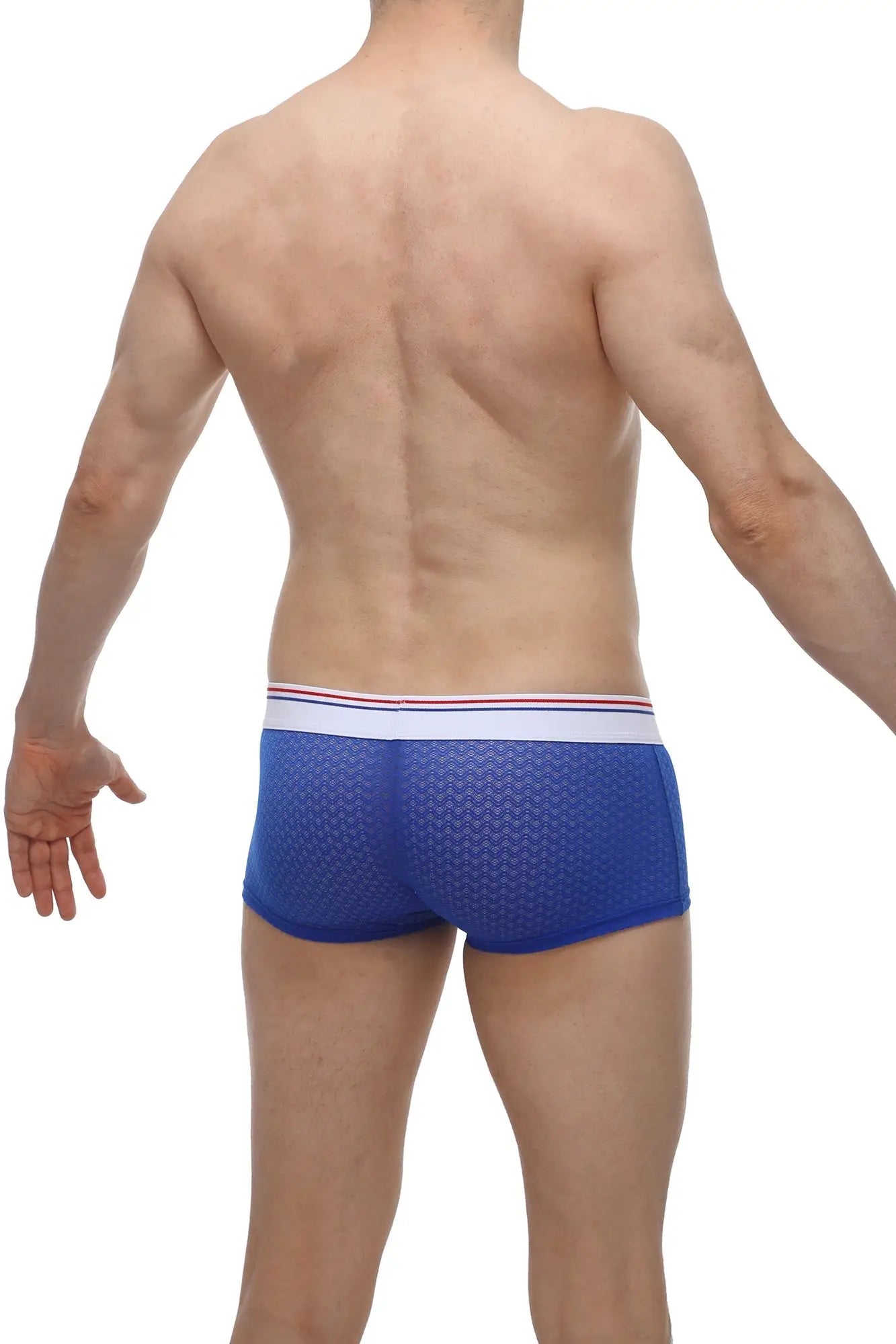 Blue mesh boxer brief huleu macra with white waistband and thin red and blue stripes for comfortable wear
