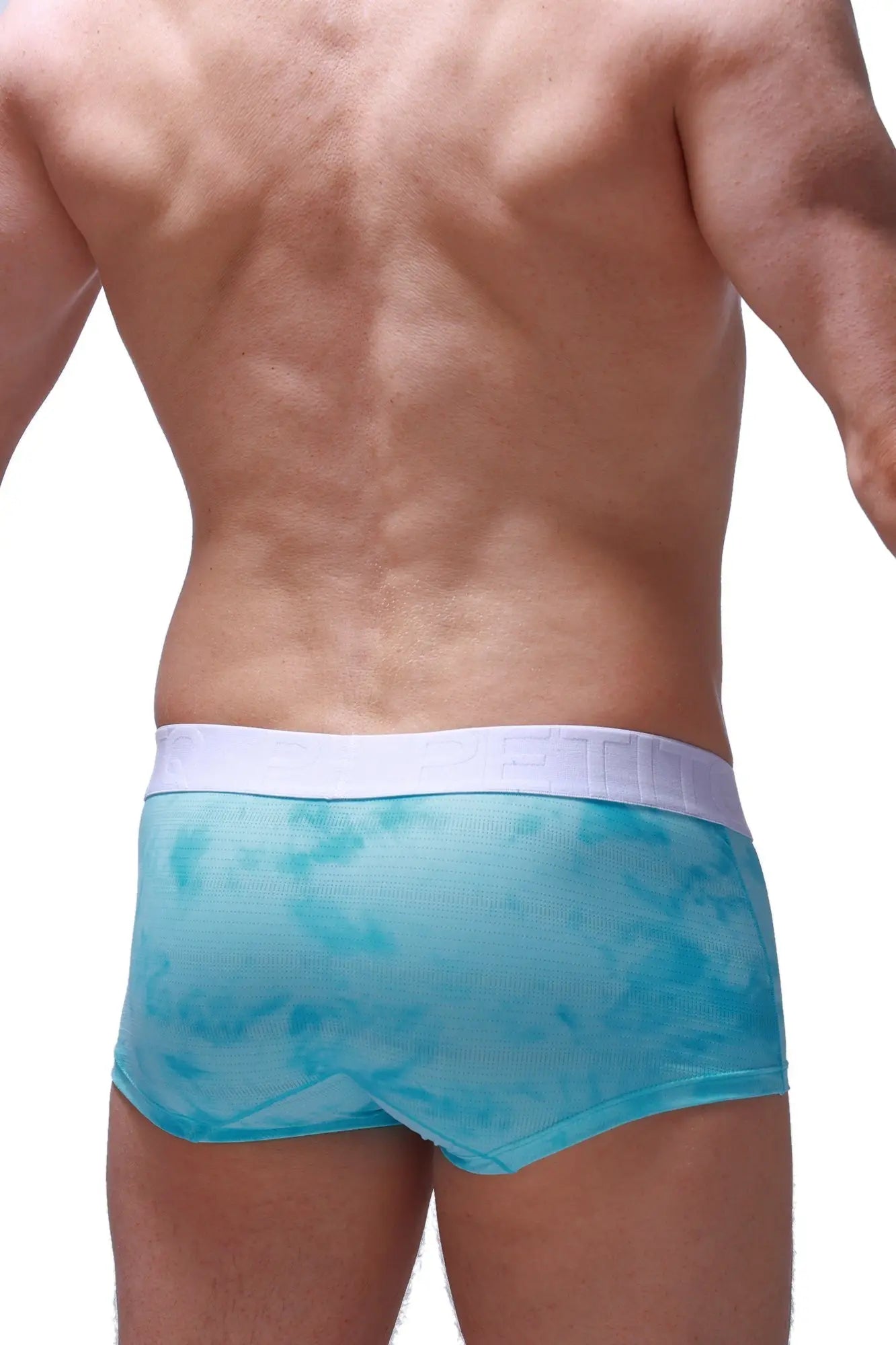 Boxer brief marbre green light blue tie-dye mesh briefs with white elastic waistband front view