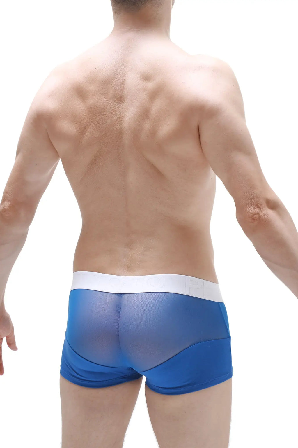 Blue sheer mesh boxer briefs osly with white waistband showcasing breathable lightweight fabric design