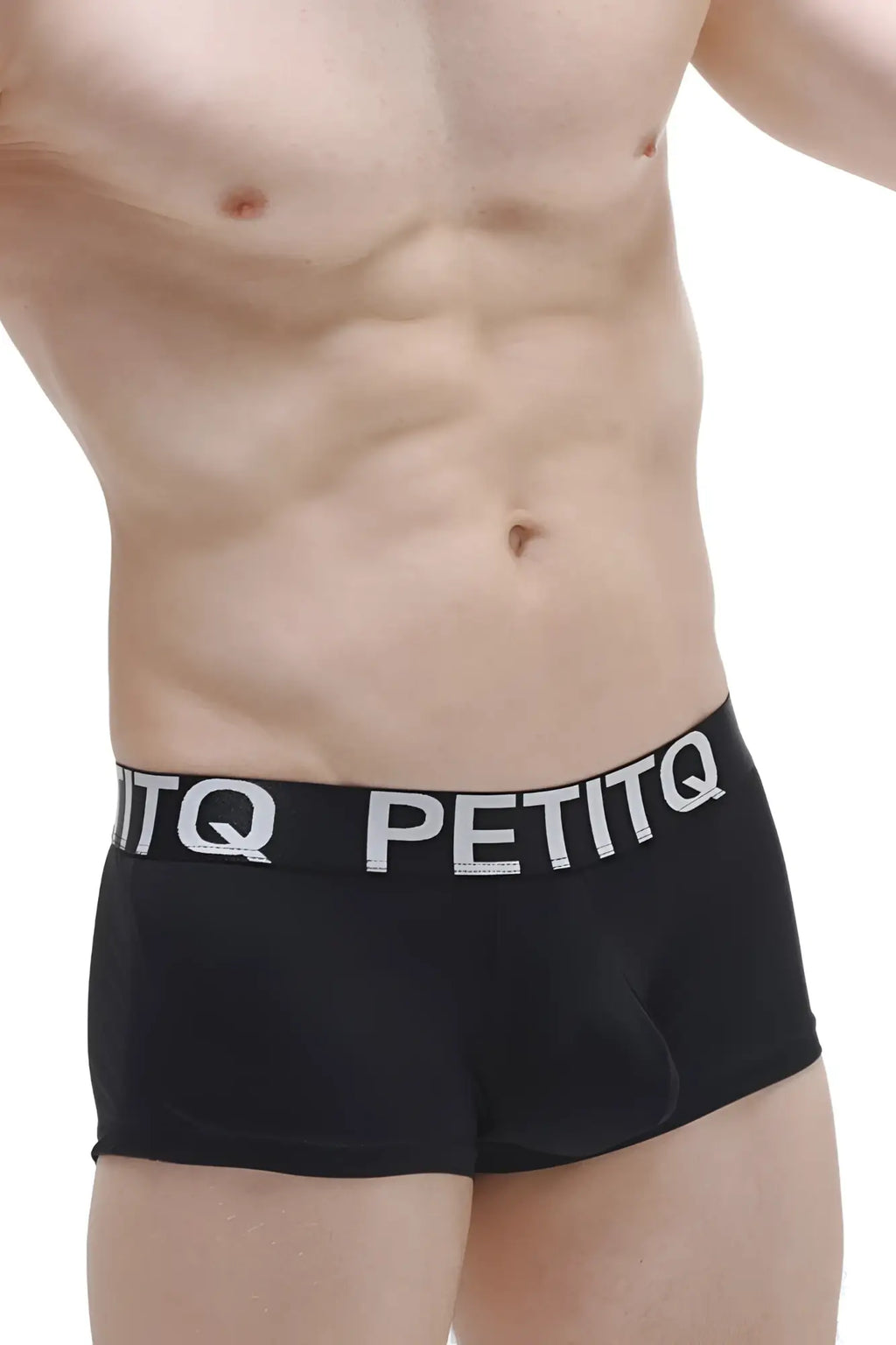 Black petitq boxer briefs with white elastic waistband and bold brand name from boxer brief reotier plum black collection