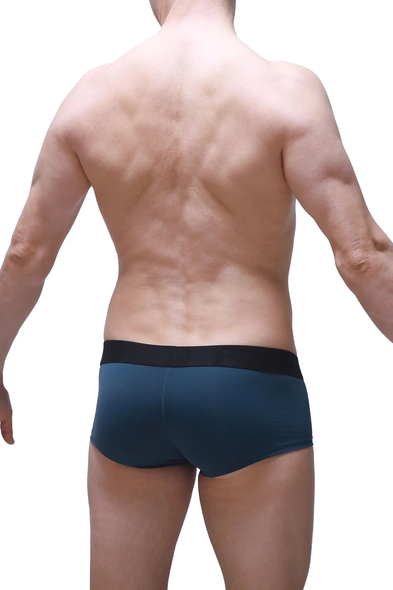 Dark teal boxer briefs with contrasting black elastic waistband in prussian blue color for comfortable wear