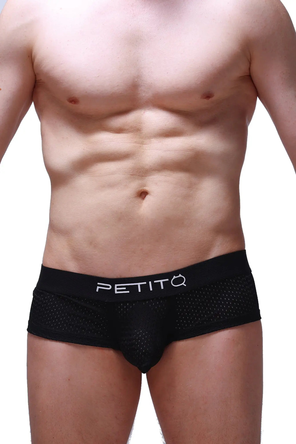 Black mesh briefs with a white petitq logo on the waistband from the boxer chill bee black collection