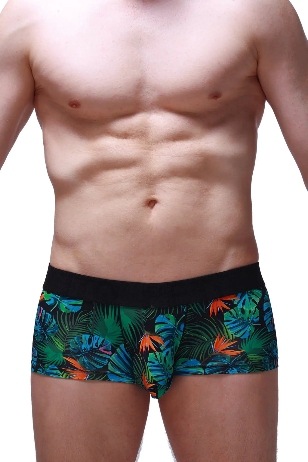 Boxer chill souarce tropical boxer briefs with tropical leaf pattern and black waistband made of soft fabric