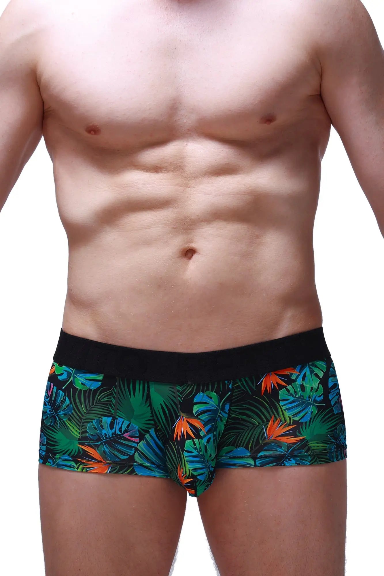 Boxer chill souarce tropical boxer briefs with tropical leaf pattern and black waistband made of soft fabric