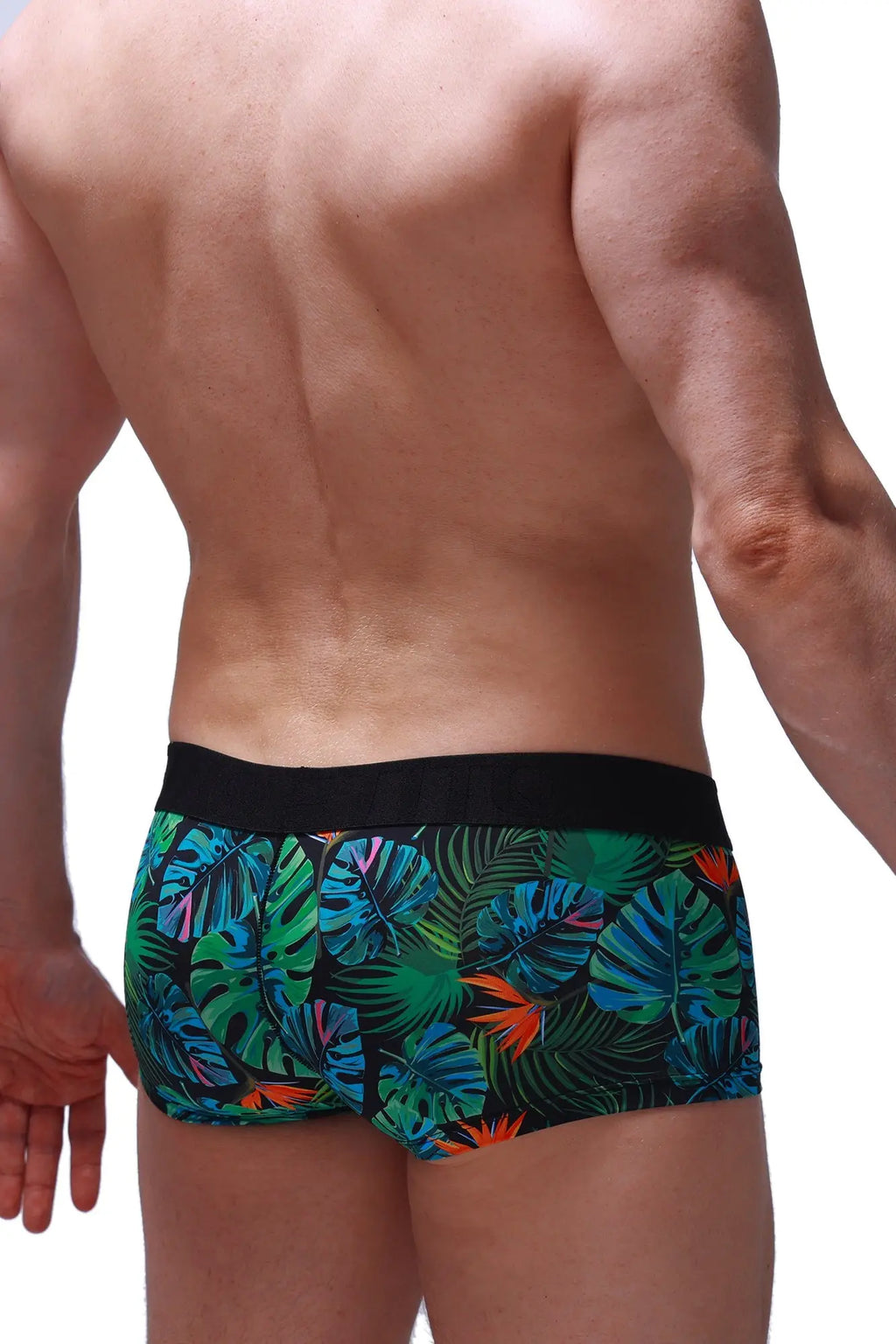 Vibrant tropical leaf-patterned boxer chill souarce tropical boxer briefs with black elastic waistband