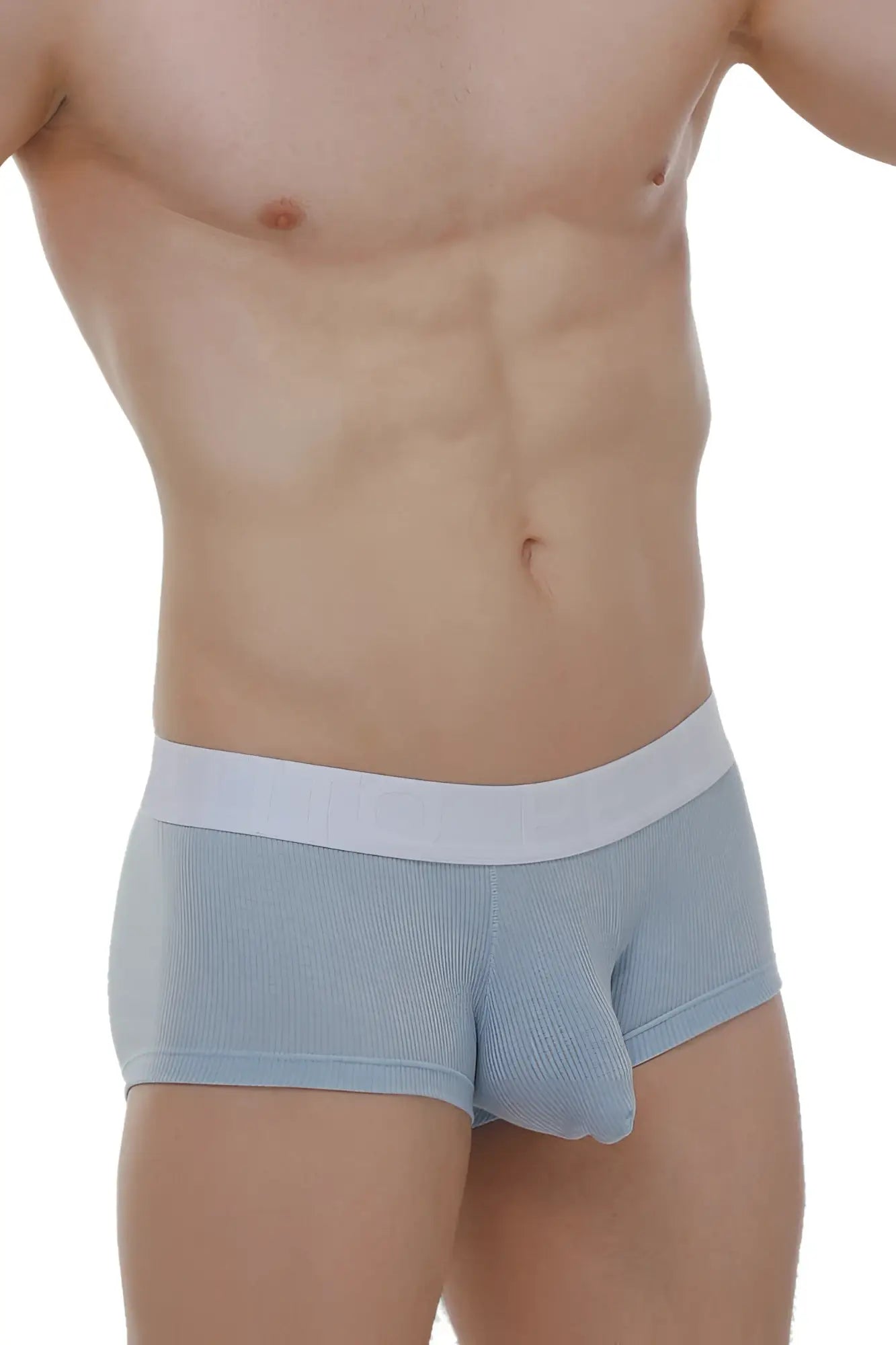 Light blue ribbed boxer briefs with contrasting white elastic waistband designed for comfort and style