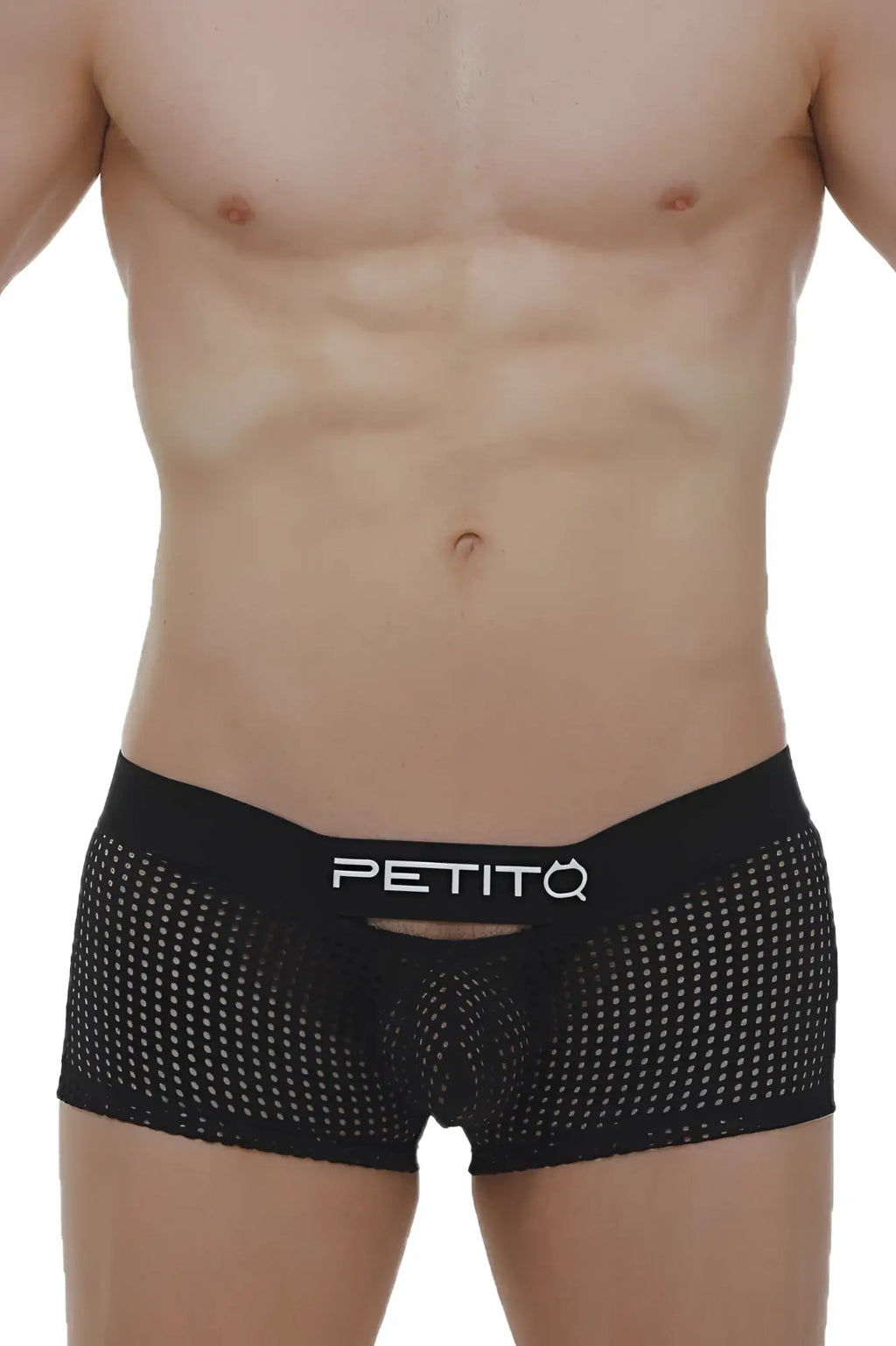 Black mesh briefs boxer dolmen durtol black with white petitq logo on the waistband