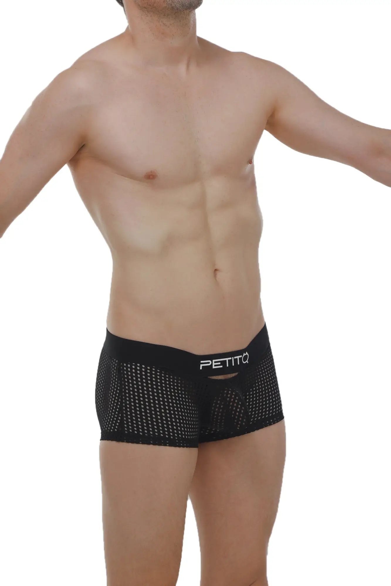Black mesh boxer briefs dolmen durtol black with white petitq logo on the waistband