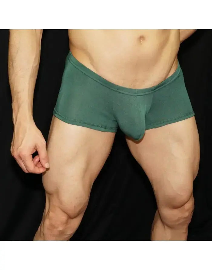 Green viscose boxer underwear by Arroyman featuring a snug fit and soft fabric shown on a model.