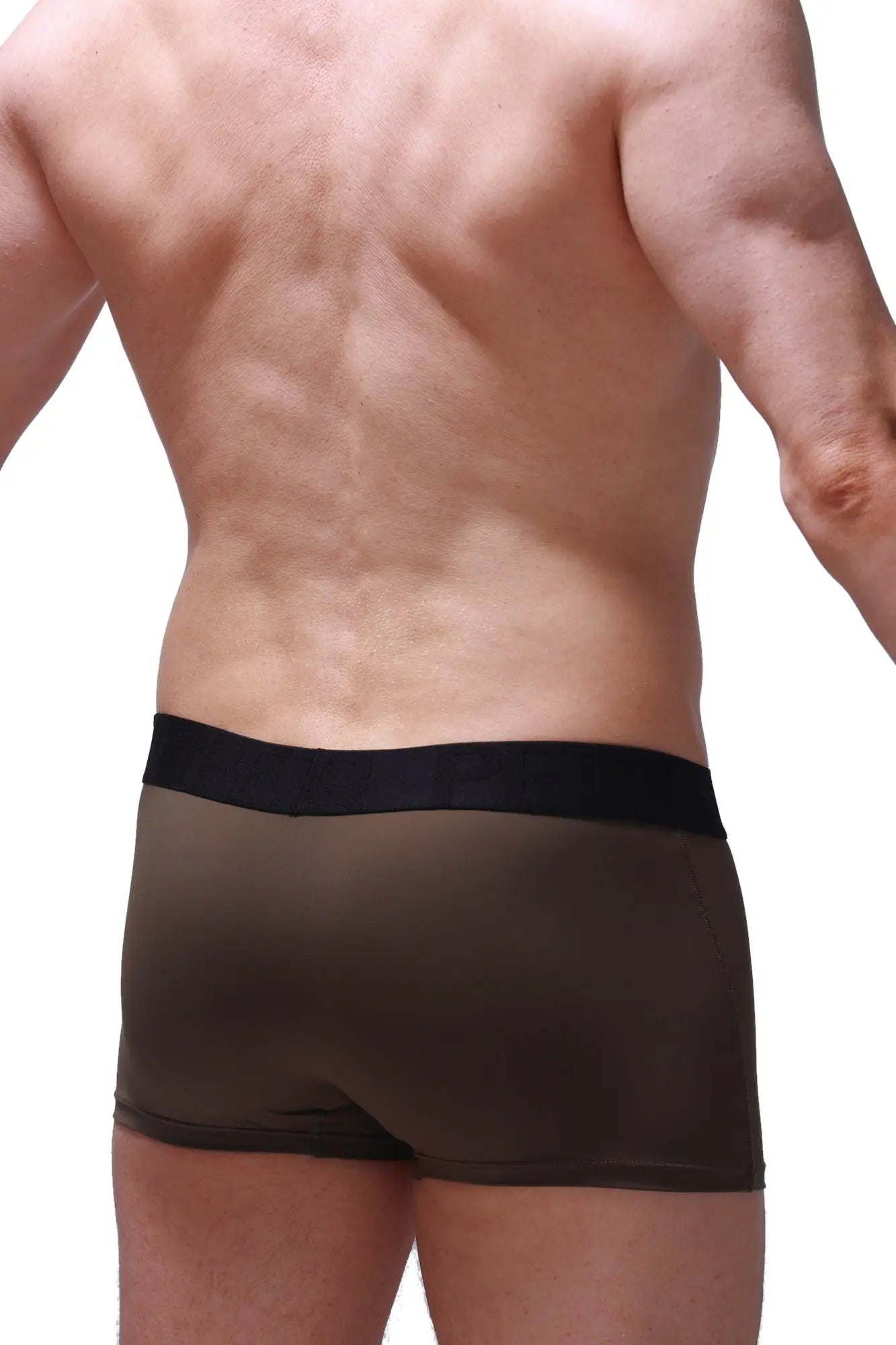 Black waistband men’s boxer briefs in dark brown smooth fabric shown from the back in boxer hang olive style