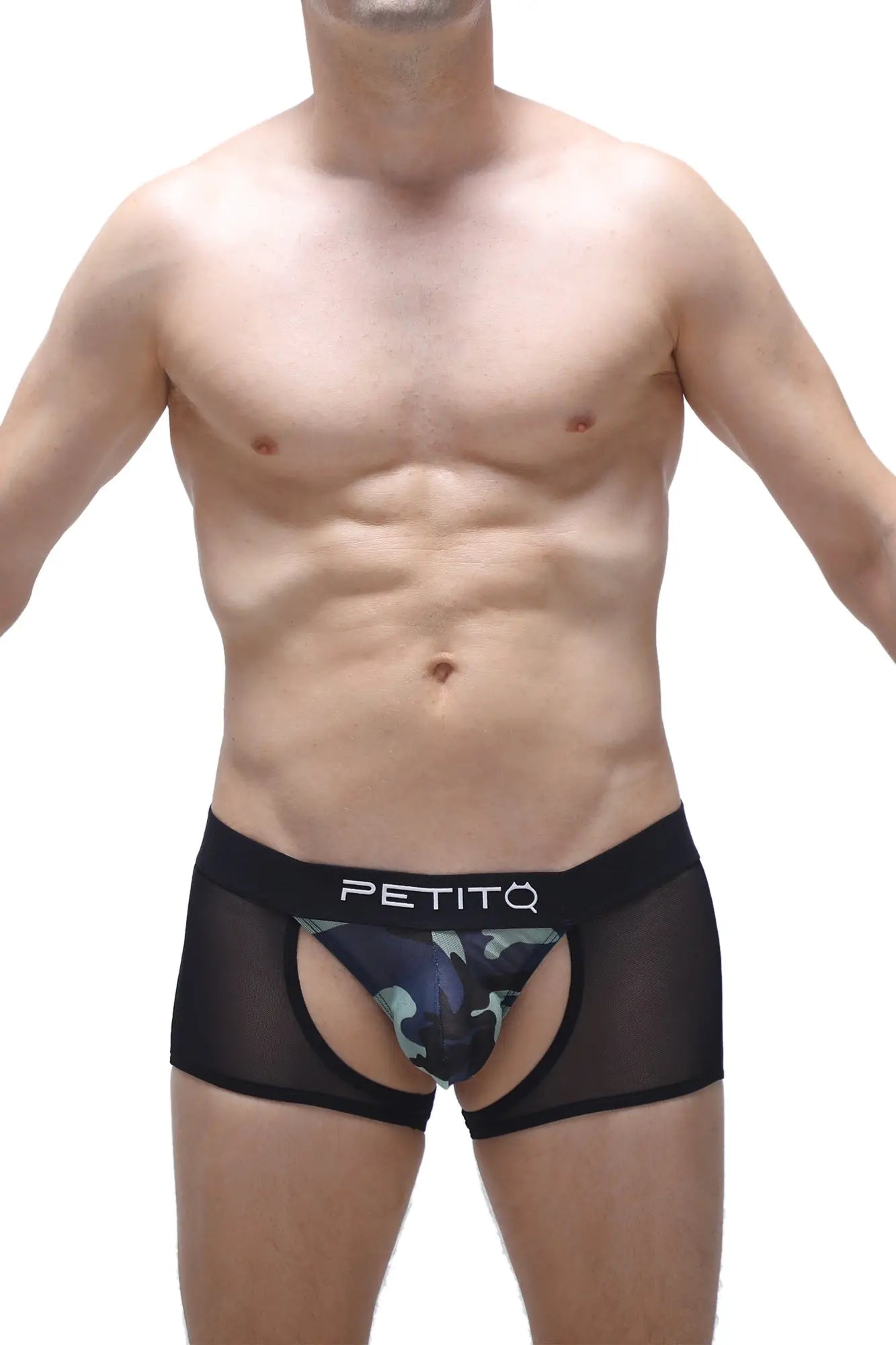 Black mesh boxer briefs with camouflage pattern and petitq branded waistband boxer limay net camo model
