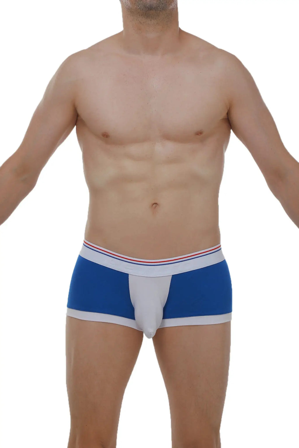 Boxer linay blue men’s briefs in blue and white with a red white and blue striped waistband made for comfort