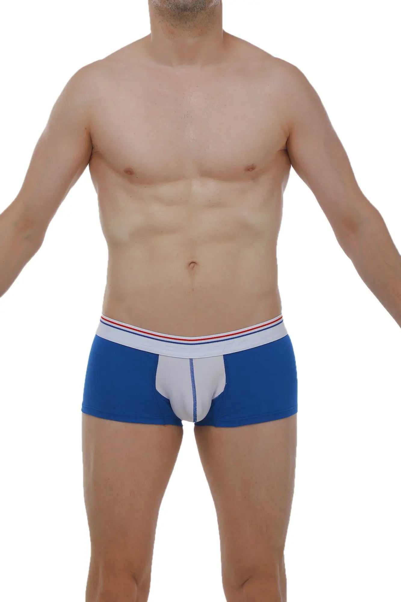 Boxer Mano Blanc-Bleu blue men’s briefs with white front panel and red and white striped waistband for comfort