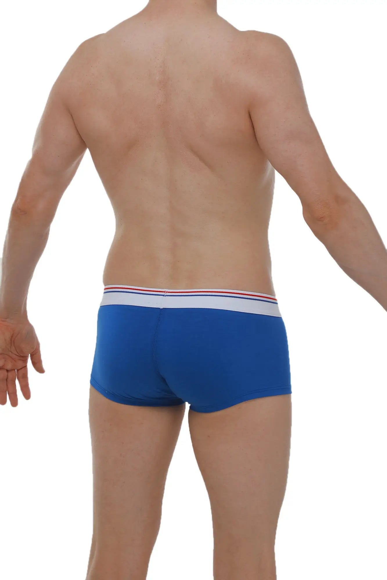 Blue men’s boxer briefs mano blanc-bleu with white waistband and thin red and blue stripes for everyday comfort