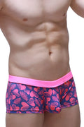 Boxer Meljac Tropical Hearts patterned swim trunks in pink and navy blue with a bright pink elastic waistband
