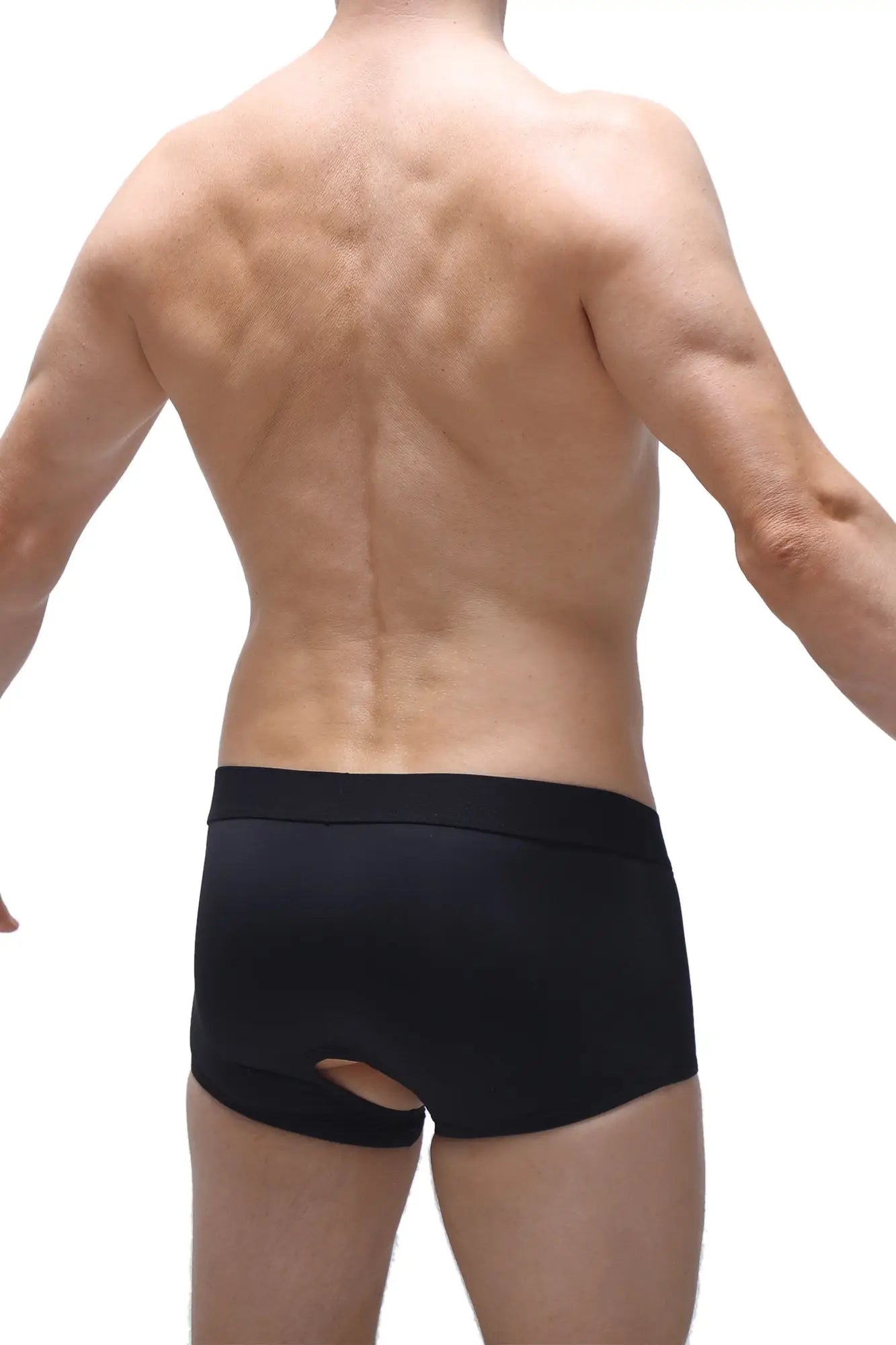 Back view of black boxer moras briefs featuring a fabric cutout detail for breathable comfort