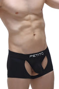 Black petitq men’s boxer briefs with a distinctive cutout design in the front for stylish comfort and support
