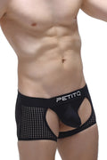 Black mesh boxer briefs with solid black pouch and petitq branded waistband boxer moras durtol style