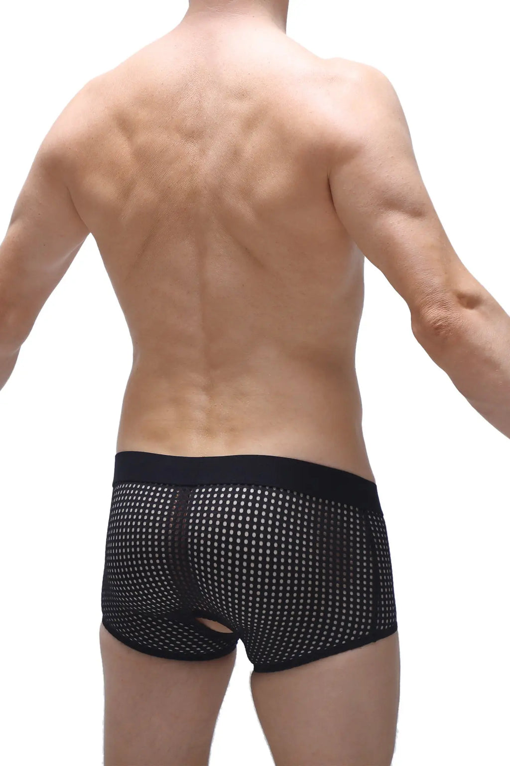 Black mesh boxer briefs boxer moras durtol with solid black waistband and small back cutout shown from the back side