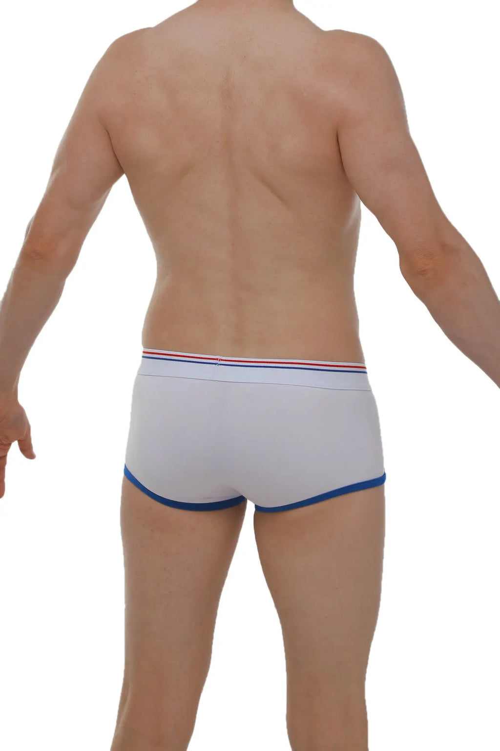 White briefs boxer morrier with blue trim and red white and blue striped waistband for comfortable wear