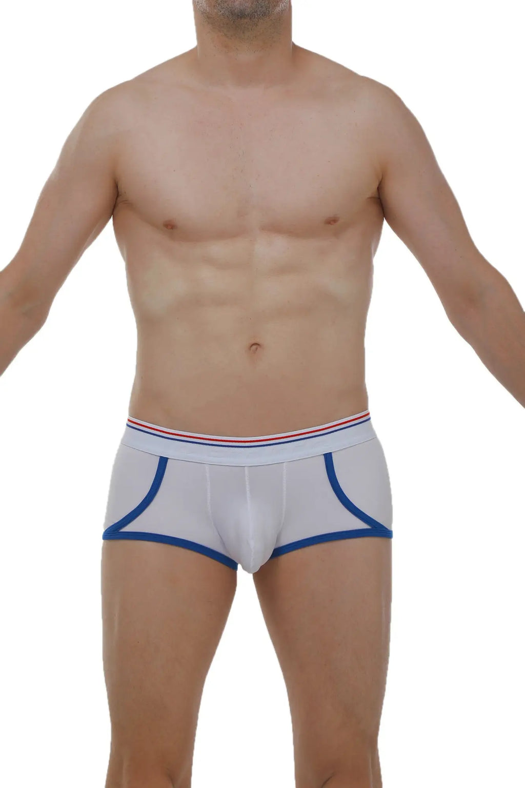 Boxer Morrier white men’s briefs with blue trim and red white and blue striped waistband for comfortable wear