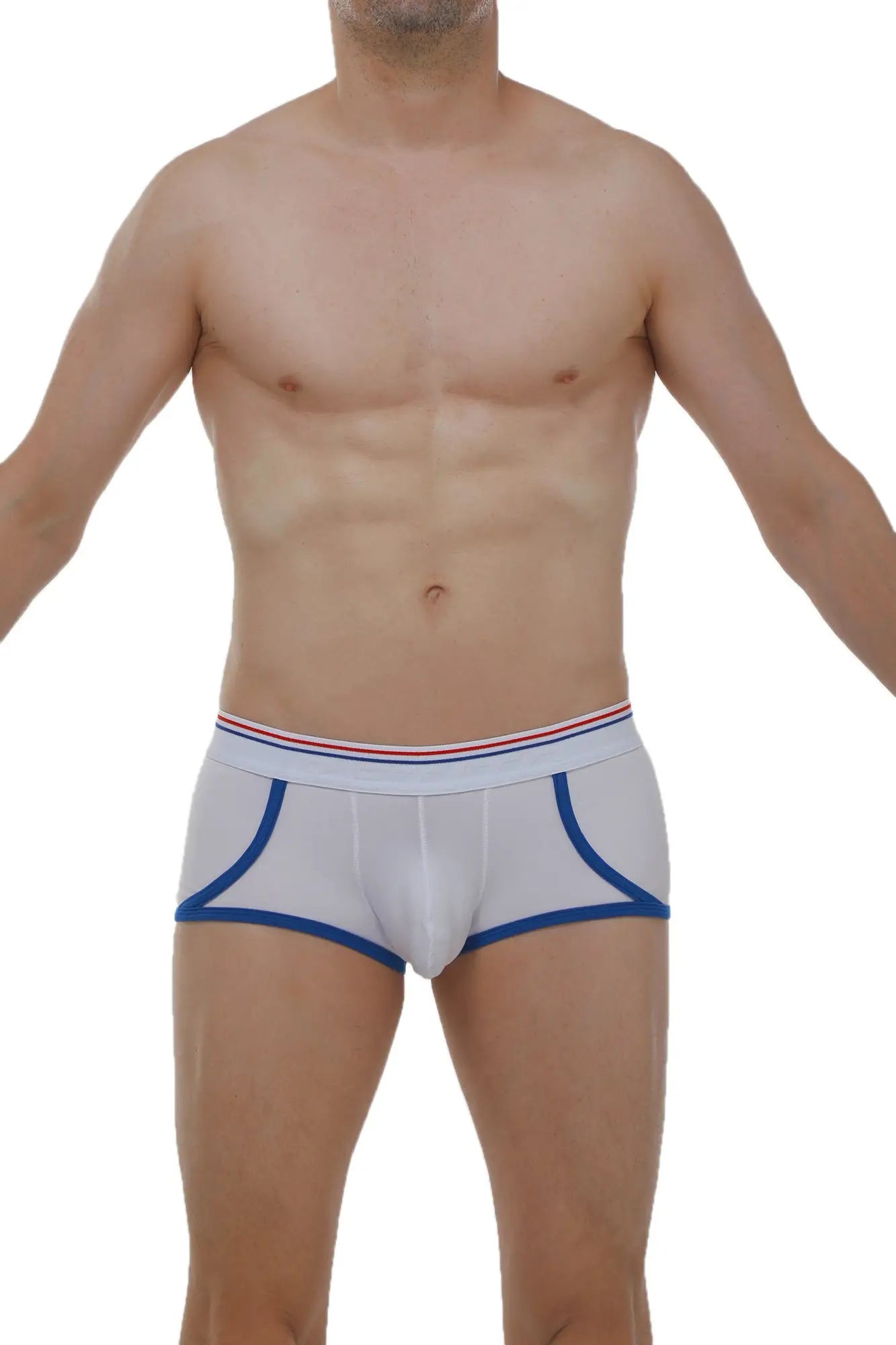 Boxer Morrier white men’s briefs with blue trim and red white and blue striped waistband for comfortable wear