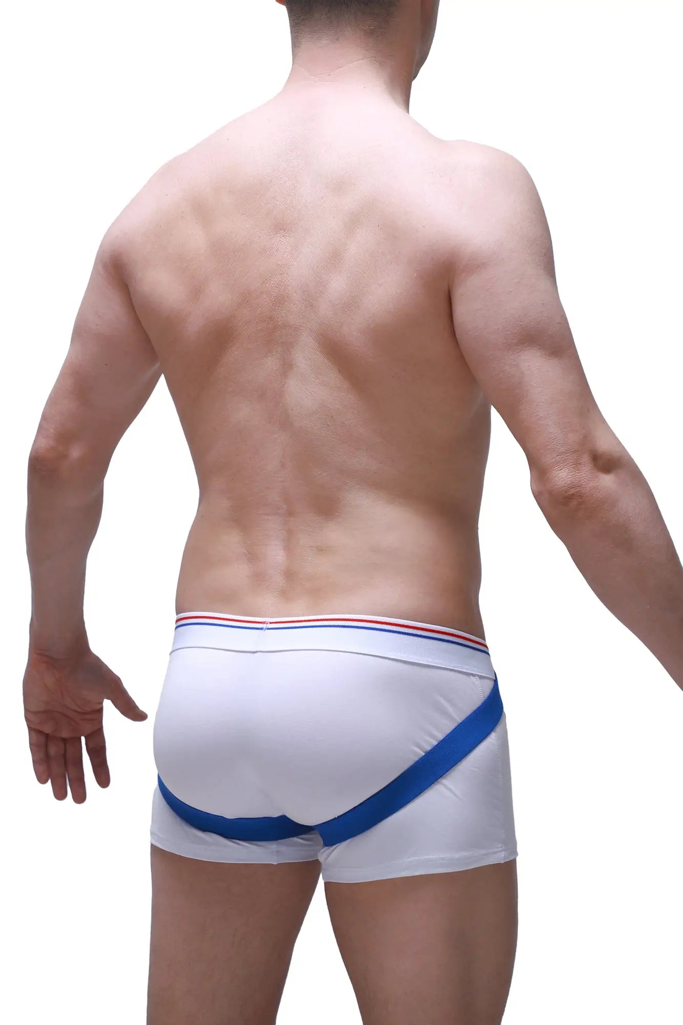 Boxer muras white athletic briefs with bold blue diagonal stripe and red white and blue waistband trim