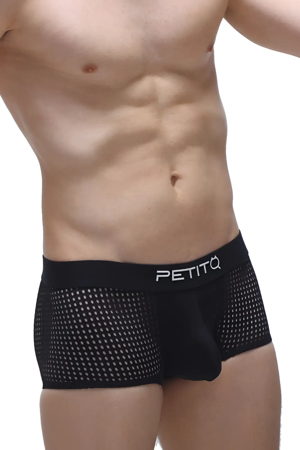 Black mesh boxer noth durtol briefs with white petitq logo on waistband breathable lightweight underwear