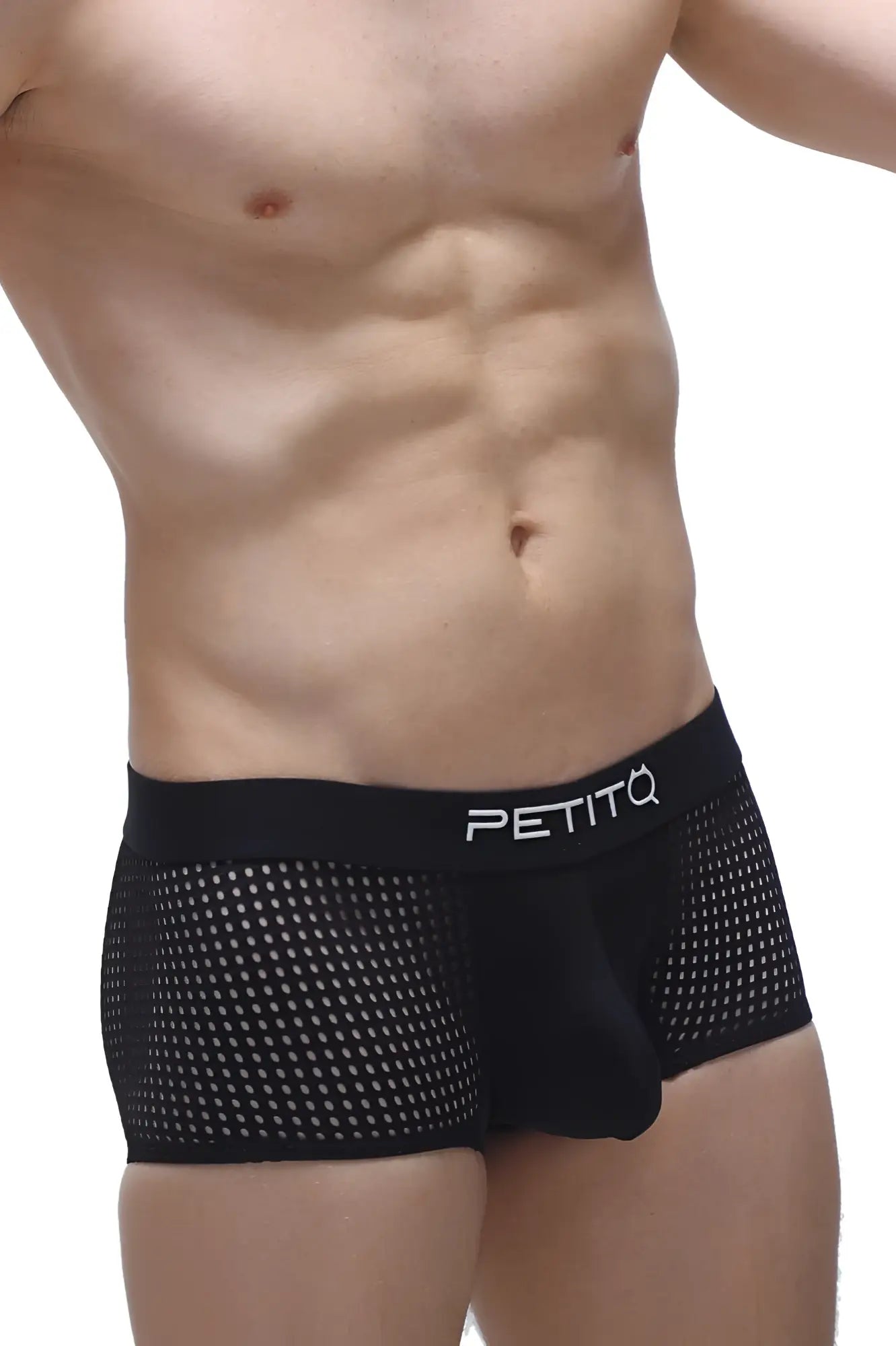 Black mesh boxer noth durtol briefs with white petitq logo on waistband breathable lightweight underwear