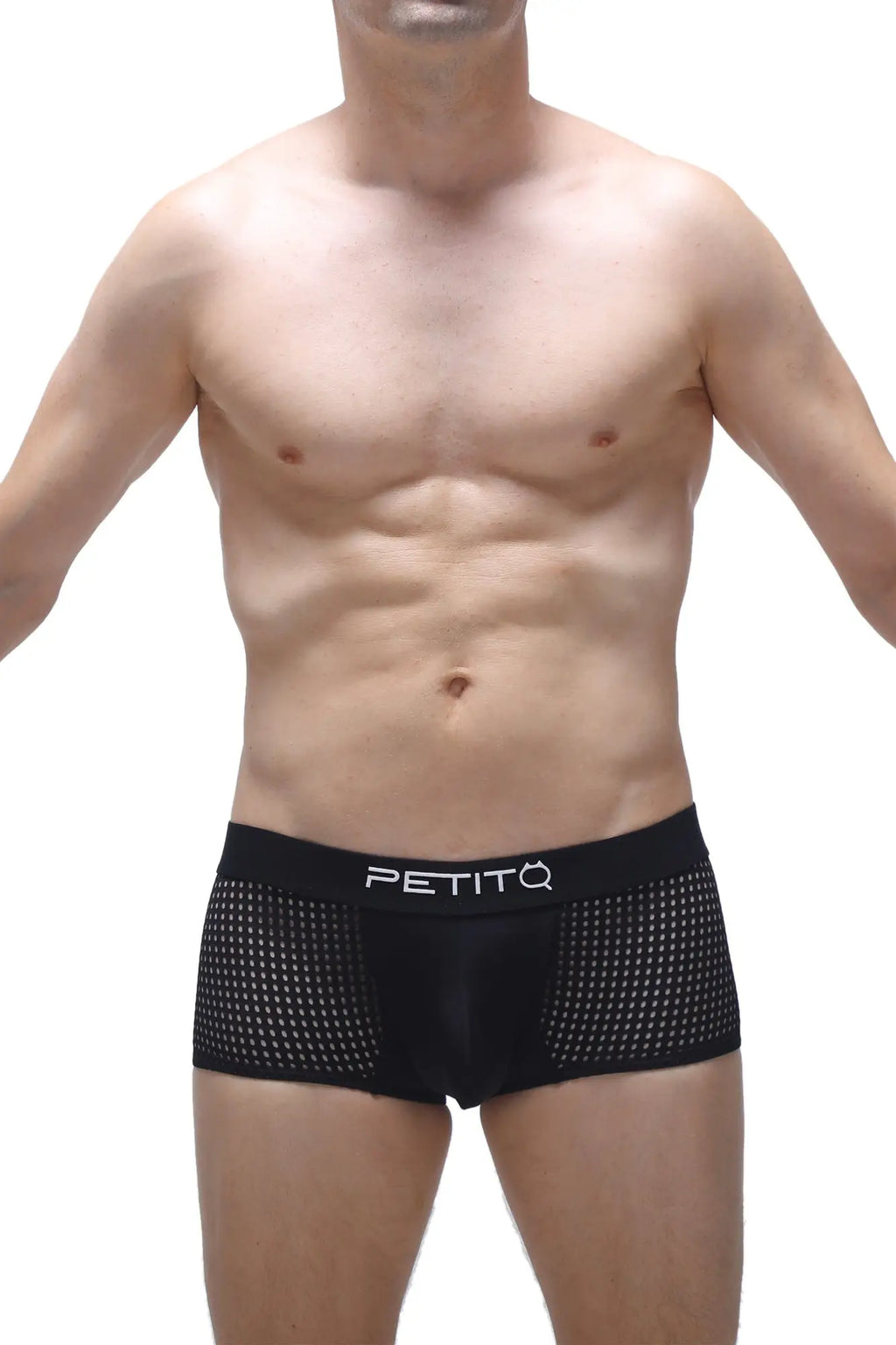 Black mesh boxer noth durtol briefs with white petitq logo on waistband breathable lightweight underwear