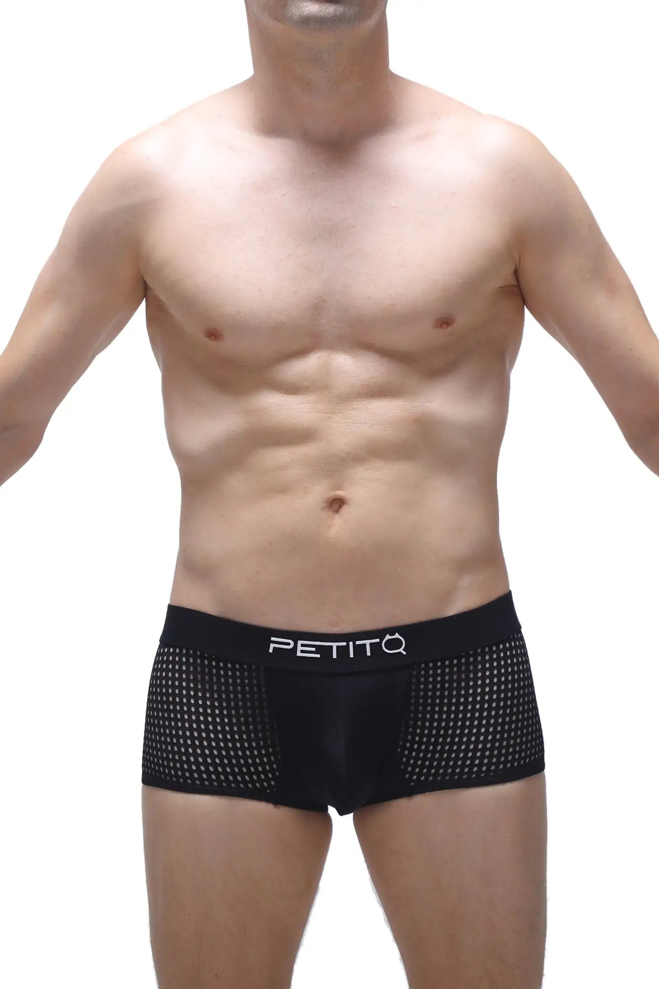 Black mesh boxer noth durtol briefs with white petitq logo on waistband breathable lightweight underwear
