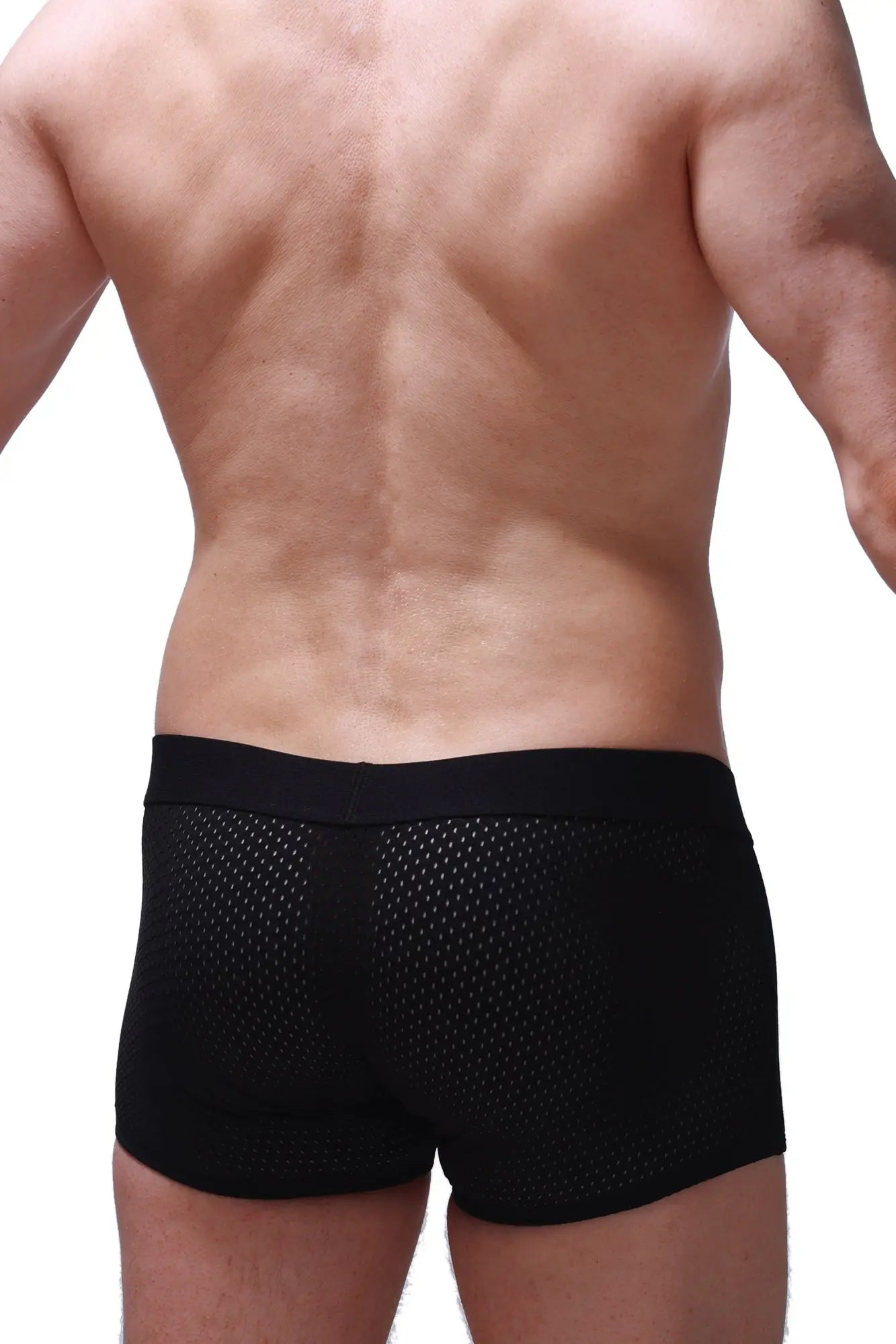Black mesh boxer briefs with a solid waistband from Olloix Bee in black for breathable everyday comfort