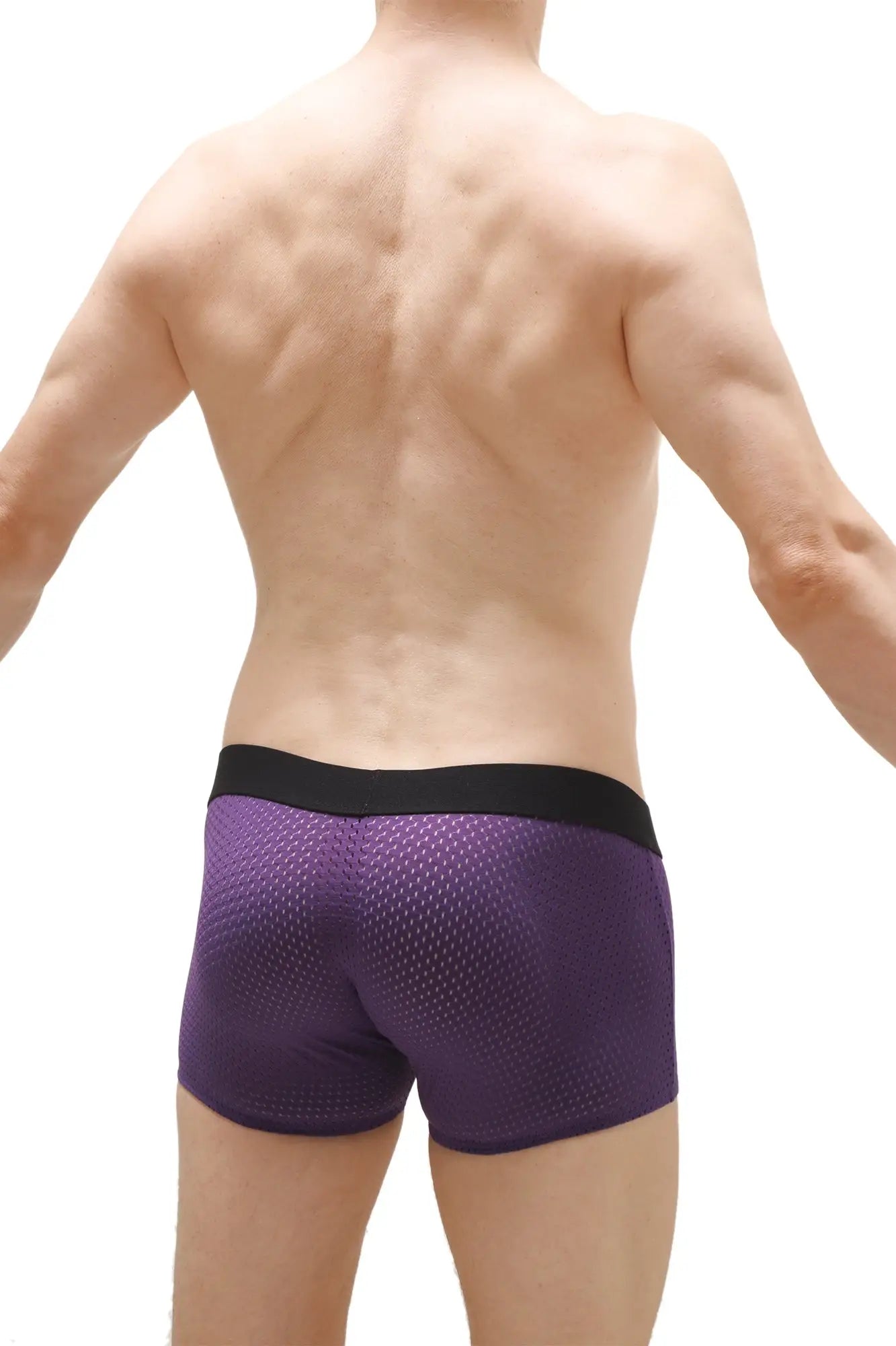 Purple mesh boxer briefs with a black waistband from boxer olloix bee purple featuring breathable material
