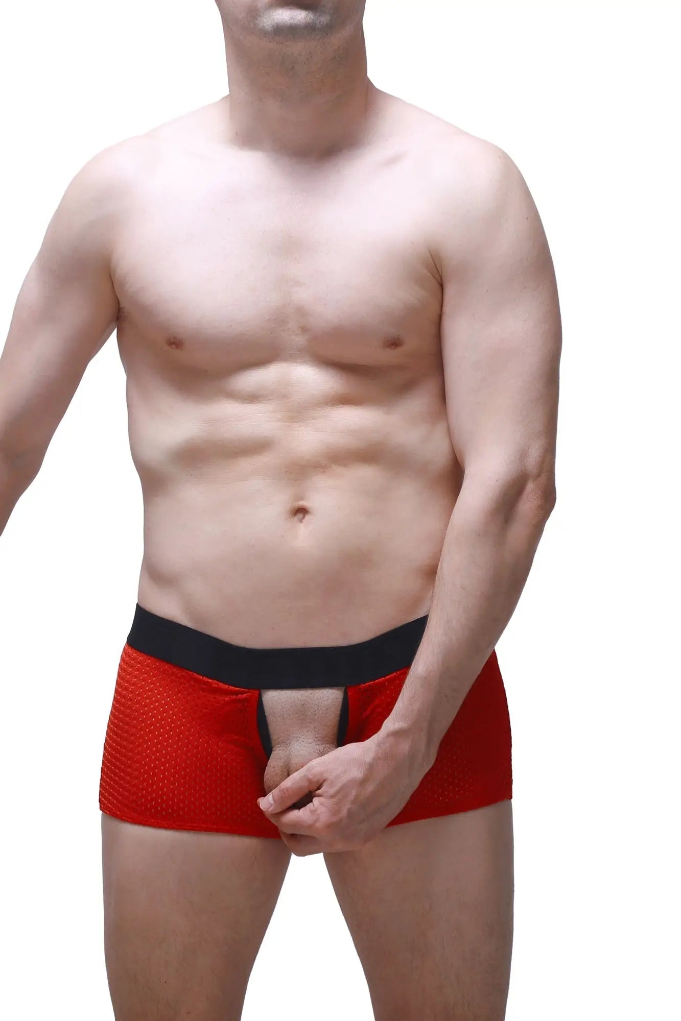 Red mesh boxer briefs with black elastic waistband from boxer olloix bee red collection for comfortable support