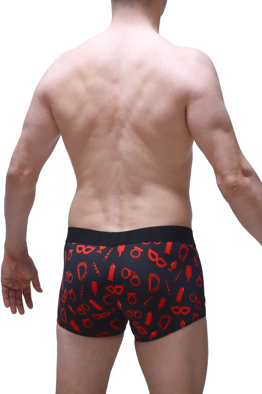 Black boxer olloix boudoir briefs with bold red erotic symbols pattern for intimate wear