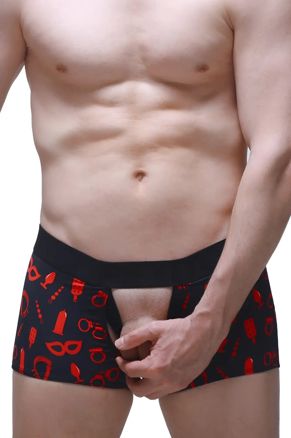 Black boxer olloix boudoir briefs with red erotic-themed graphics for intimate wear in soft breathable fabric