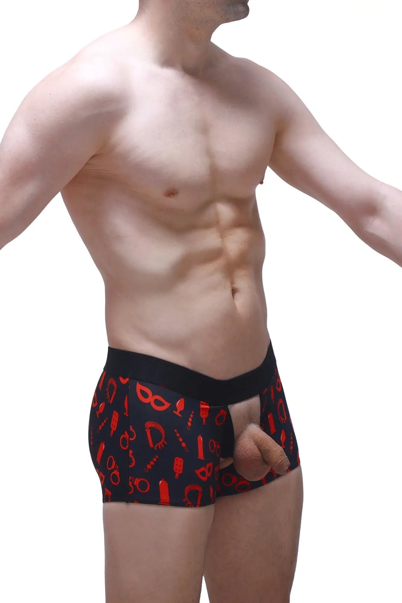 Black boxer briefs with a red erotic symbol pattern from boxer olloix boudoir for stylish intimate wear