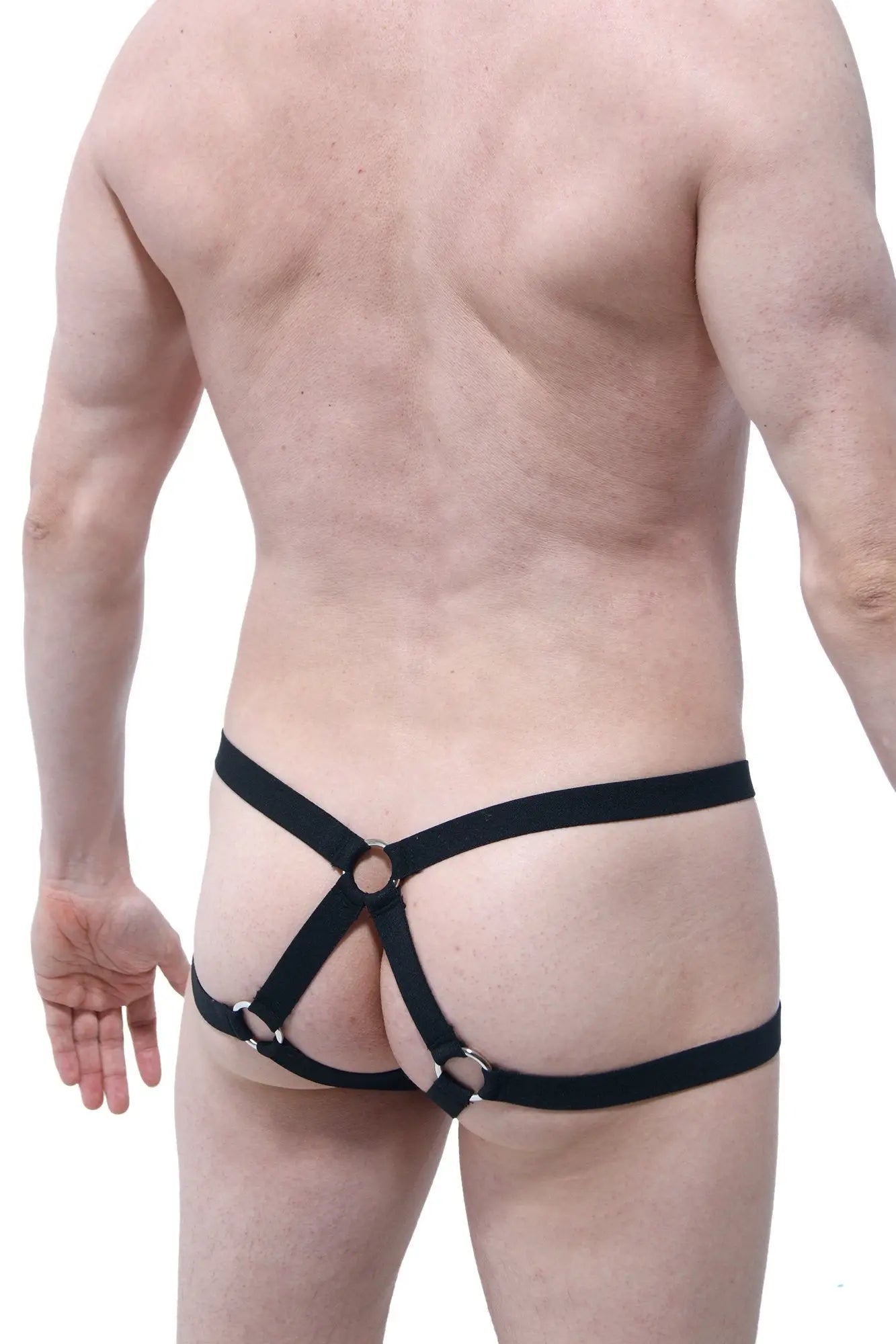 Black leather boxer open caylus harness with metal rings and adjustable straps for secure fit