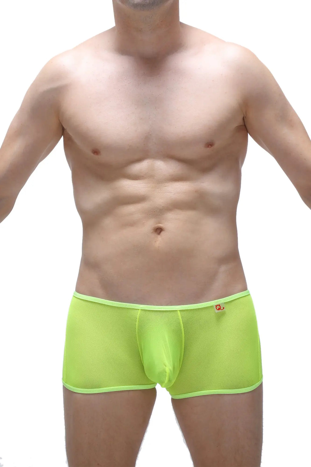 Bright neon yellow mesh boxer briefs with subtle logo on waistband featuring open net design