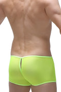 Bright neon yellow boxer open net mesh briefs with matching waistband and back slit shown from the back side