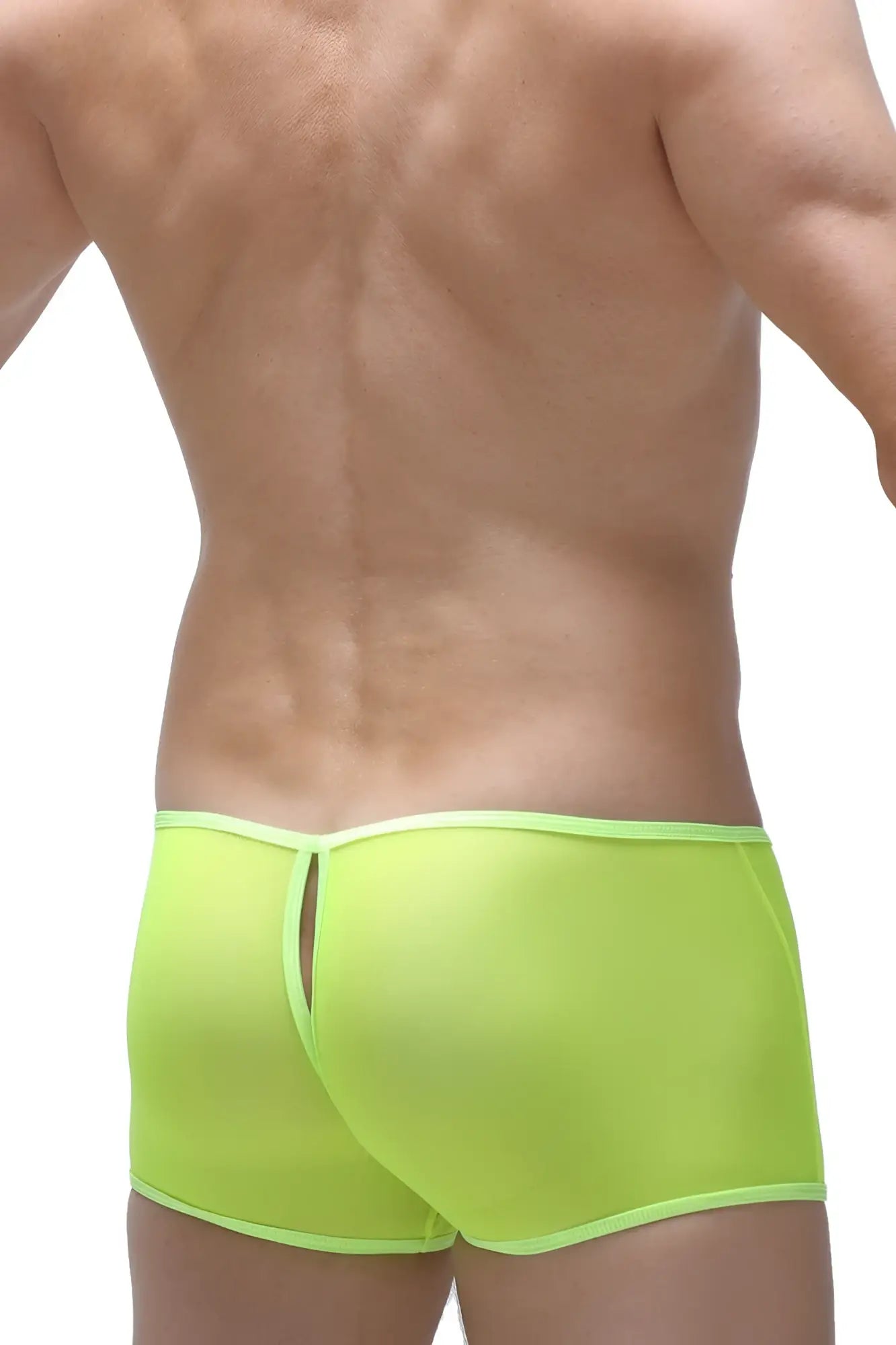 Bright neon yellow boxer open net mesh briefs with matching waistband and back slit shown from the back side