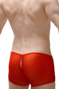 Bright red form-fitting boxer briefs with a central back slit shown from the back in the boxer ougreen net red collection