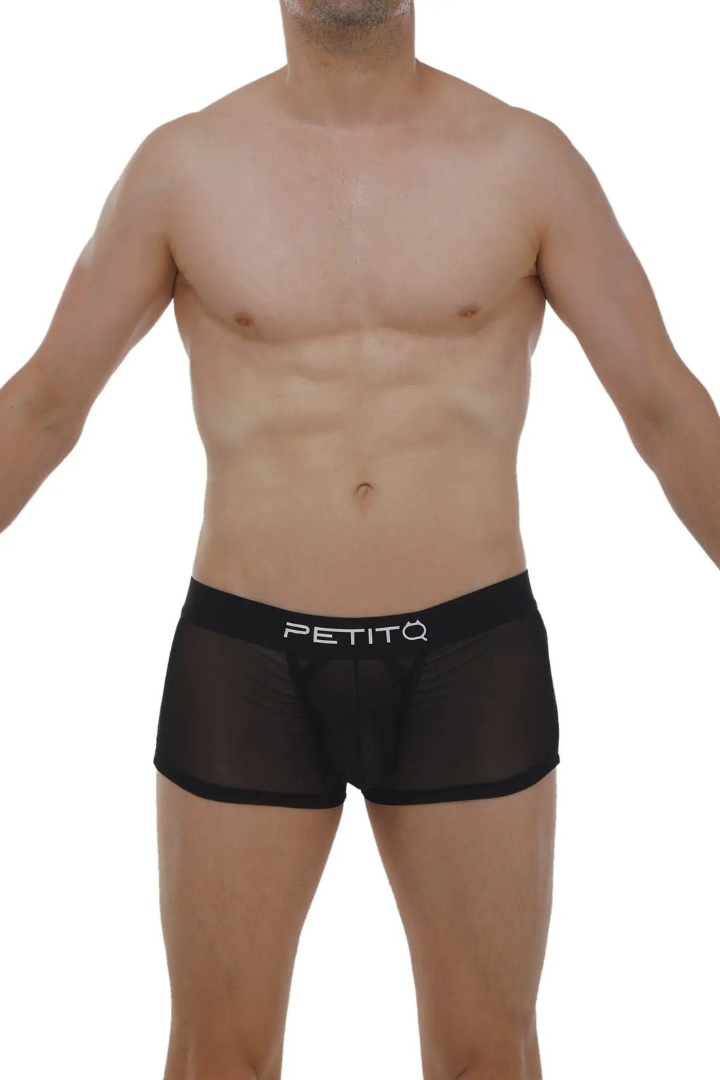Black sheer mesh boxer briefs with a solid black waistband featuring the petitq logo in white lettering