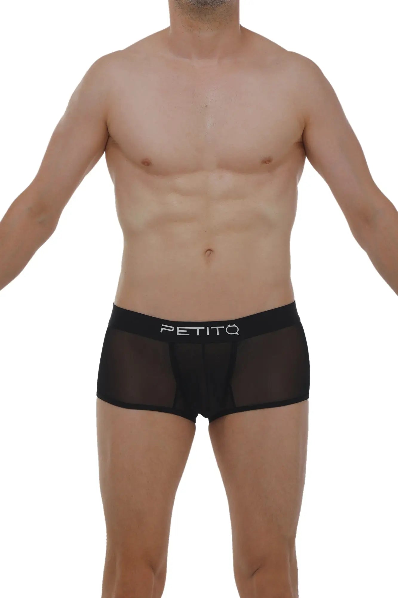 Black sheer mesh boxer briefs featuring a white petitq logo on the waistband in net black color