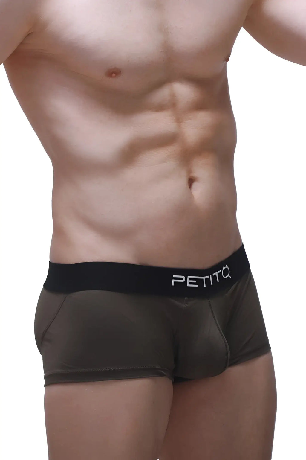 Black petitq boxer push-up camo briefs with sleek form-fitting design and subtle sheen for enhanced comfort