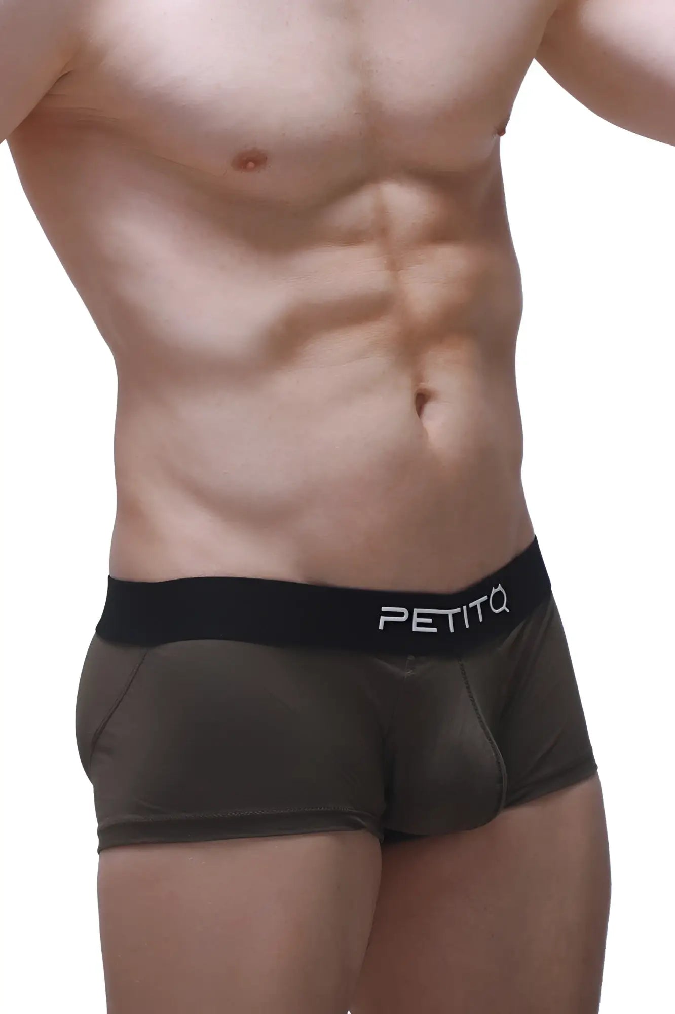Black petitq boxer push-up camo briefs with sleek form-fitting design and subtle sheen for enhanced comfort