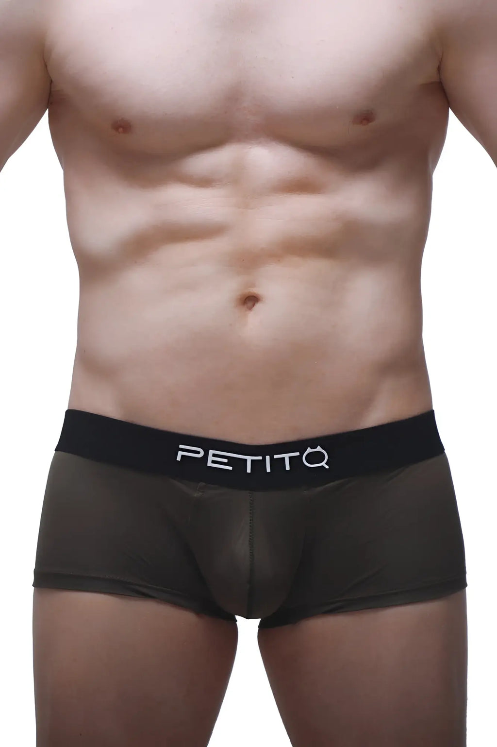 Black petitq boxer push-up briefs with smooth form-fitting design and white logo on waistband