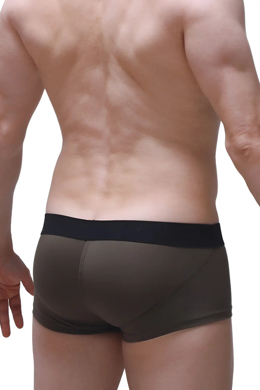Dark olive boxer push-up camo briefs with a black elastic waistband highlighting comfort and support