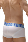 Boxer push-up white men’s briefs with light blue elastic waistband featuring petitq logo in dark blue lettering