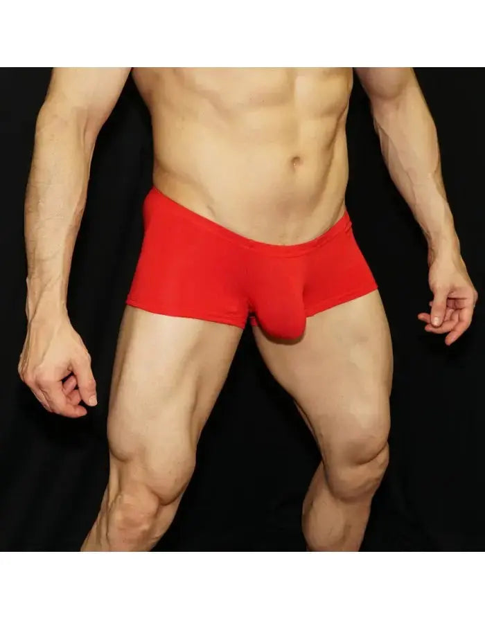 Red viscose boxer underwear by Arroyman featuring a snug fit and smooth fabric shown on a model.